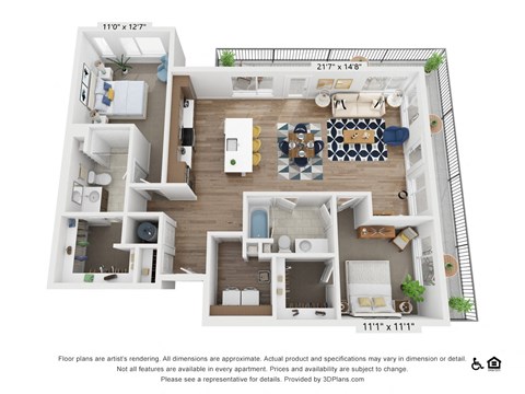Floor plan for 2 beds, 2 baths, 1321 sqft
